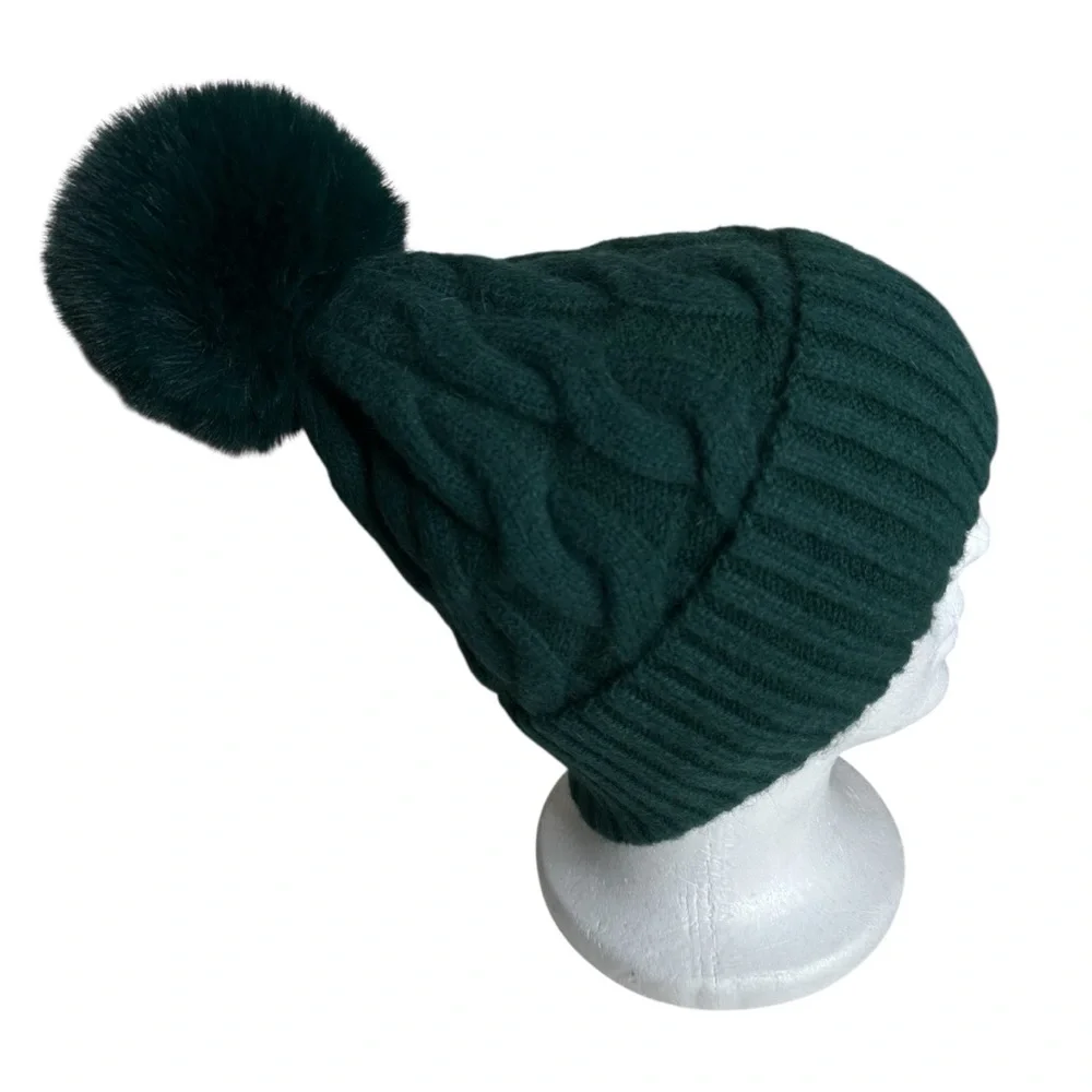Tasha Twisted Faux Fur PomPom Beanie w Full Soft Fleece Lining Green Brand New!
